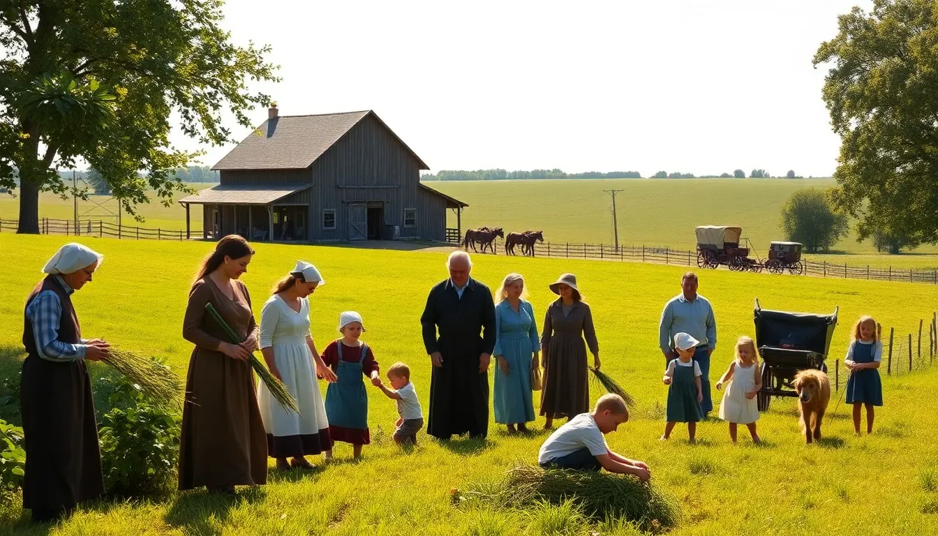 Amish community working on a farm in rural America.