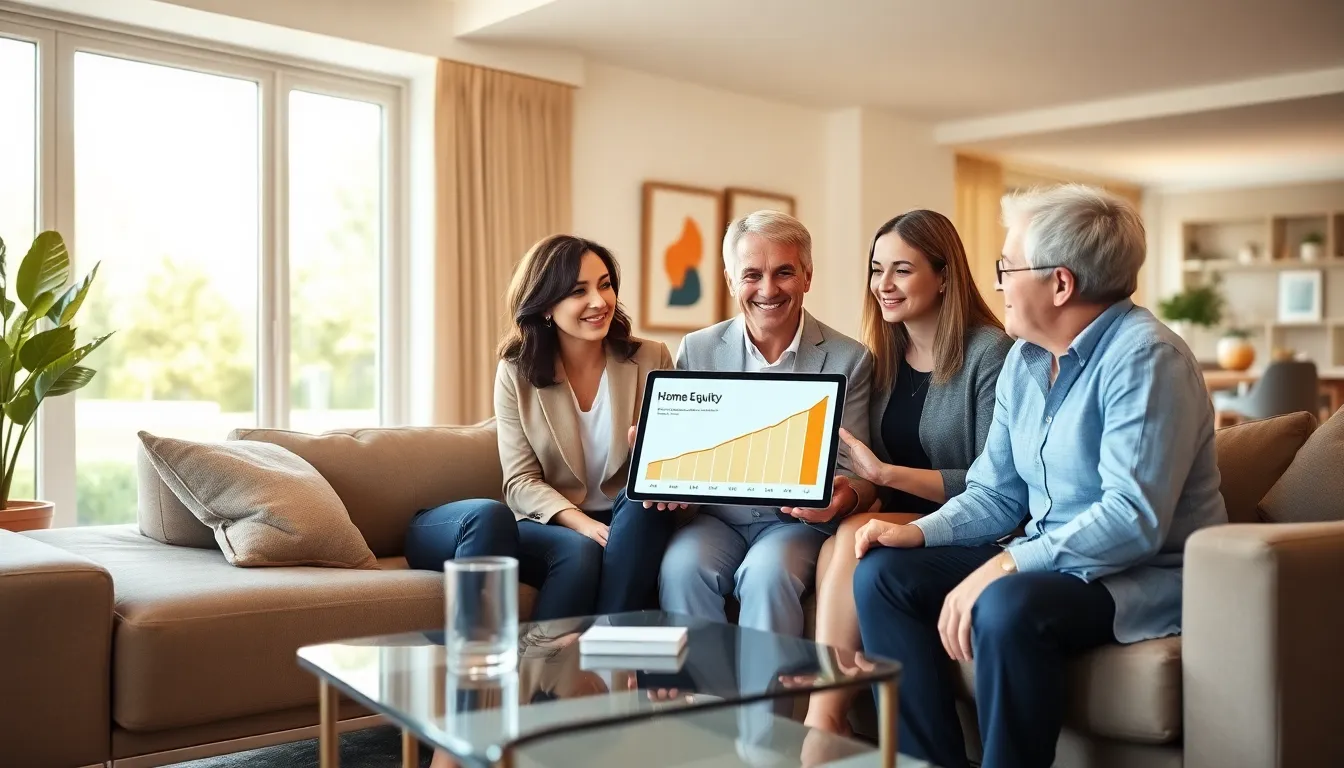 professionals discussing home equity in a modern living room.