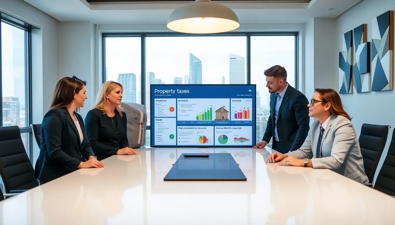 diverse professionals discussing property taxes in a modern office.