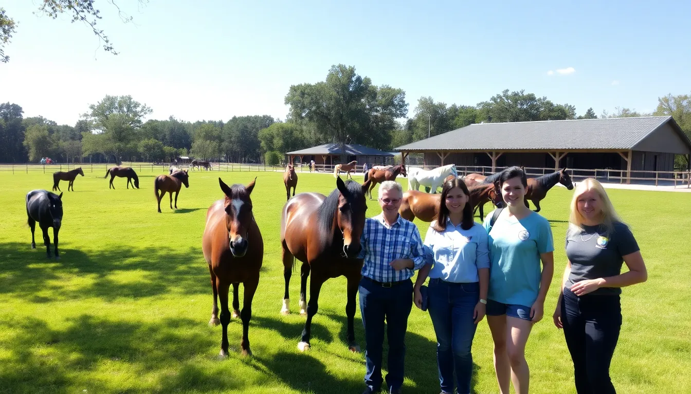 retired horses grazing peacefully in a sanctuary with caring staff.