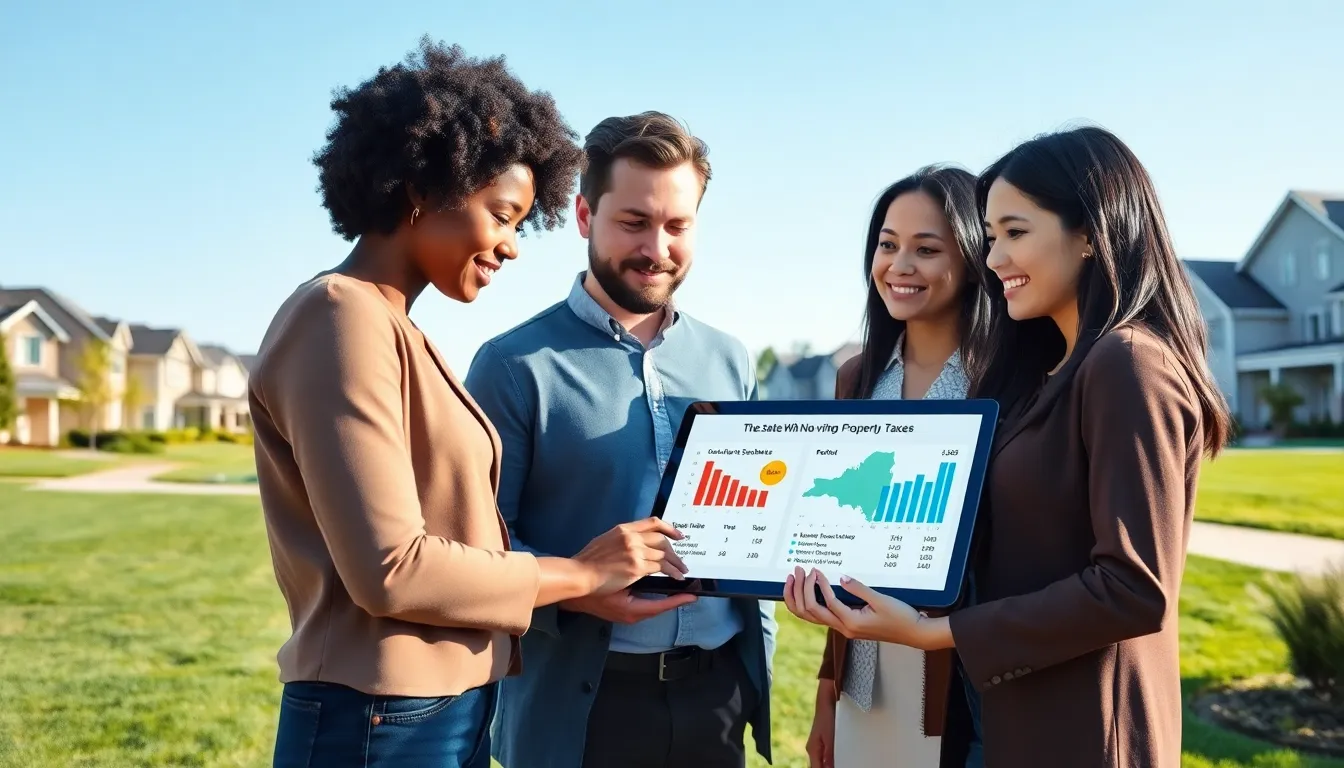 diverse professionals discussing tax-free living in a sunny neighborhood.