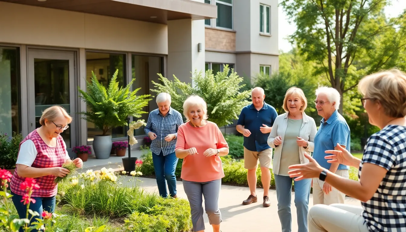 seniors enjoying activities in a modern retirement community.